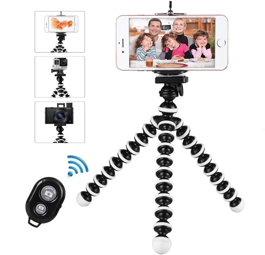 Phone Tripod Stand, Flexible Cell Phone Tripod Portable and Adjustable Camera Stand Holder with Wireless Remote Compatible for Iphone Android Phone Samsung Compact Digital Camera-Black
